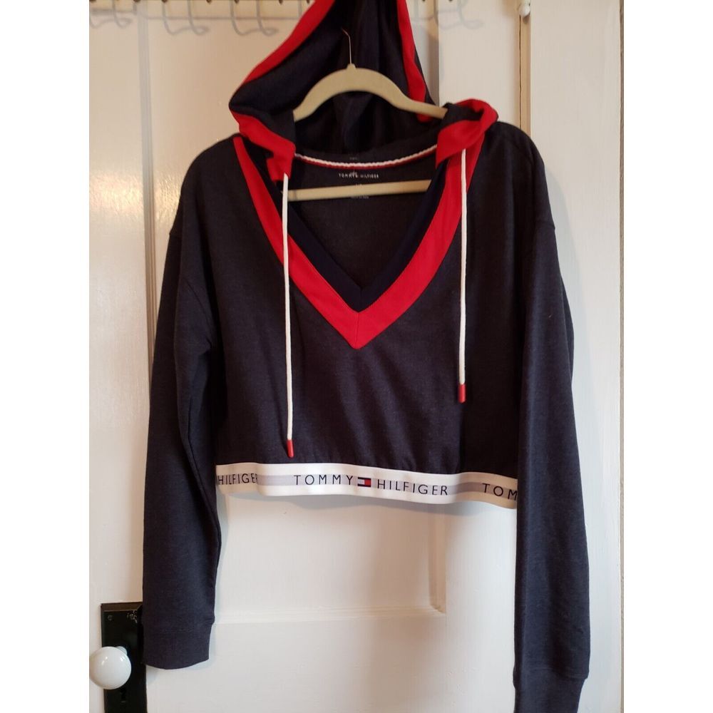 Tommy Hilfiger Crop Hoodie Sweatshirt Women's Size LARGE Navy‎ Blue V-neck